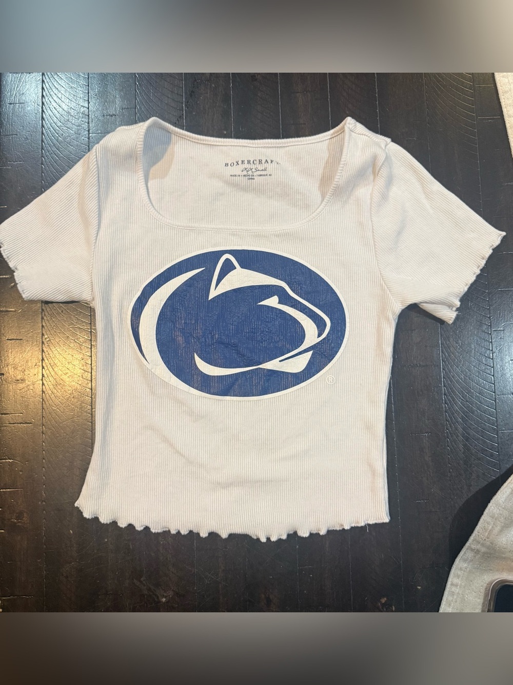 boxercraft White Scoop Neck Cropped Tee with Blue Penn State Logo